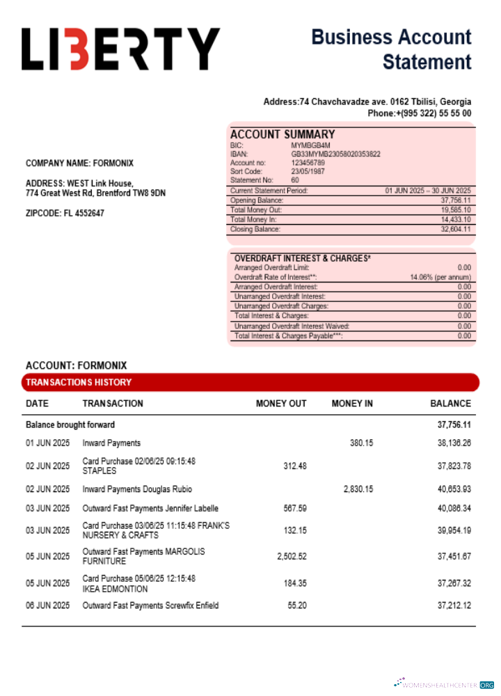 Download Liberty bank organization checking account statement Word and PDF format Photoshop template